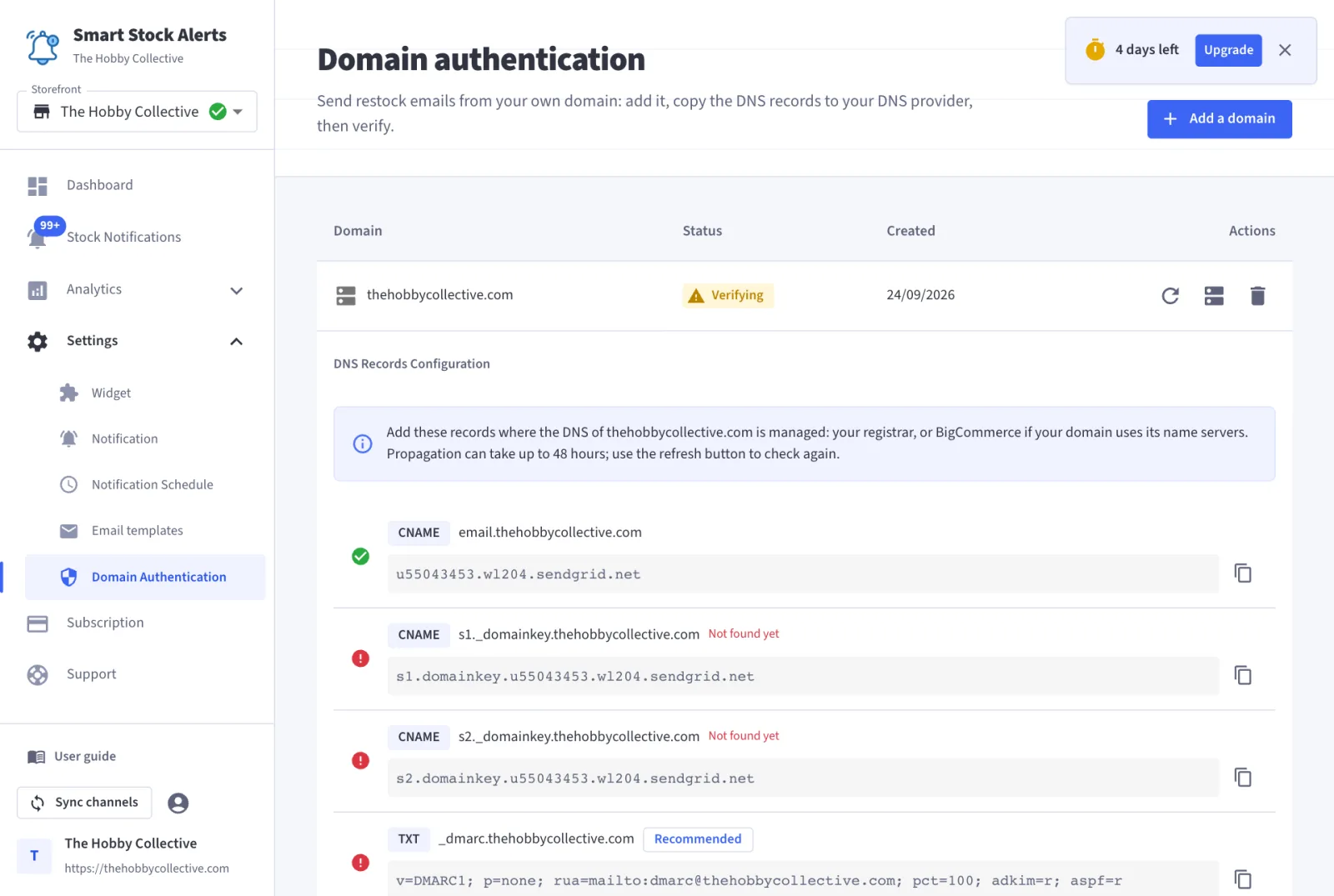 Domain authentication: a domain in Verifying state with its DNS records, one found and two not found yet