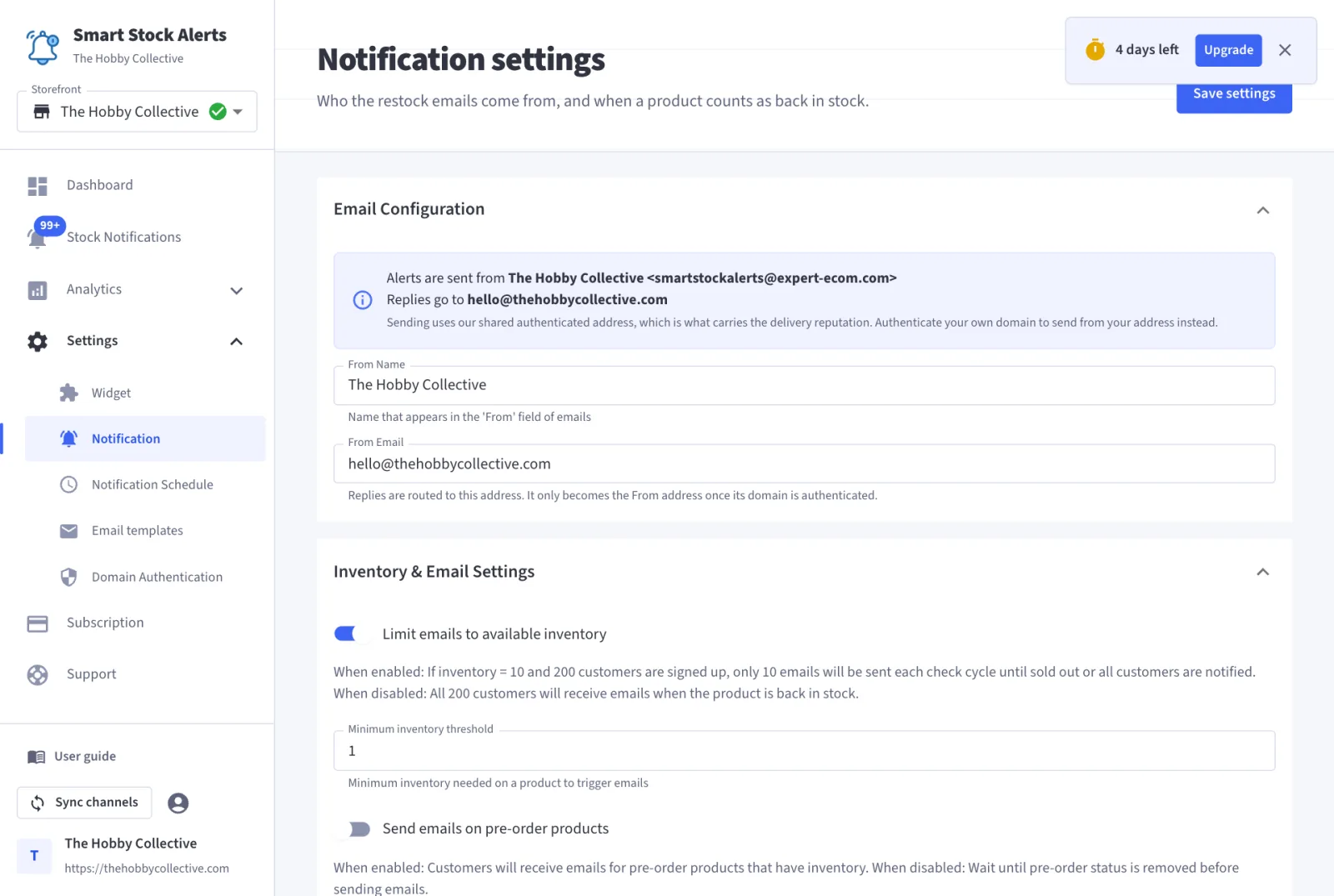Notification settings: sender name and email, then the inventory rules