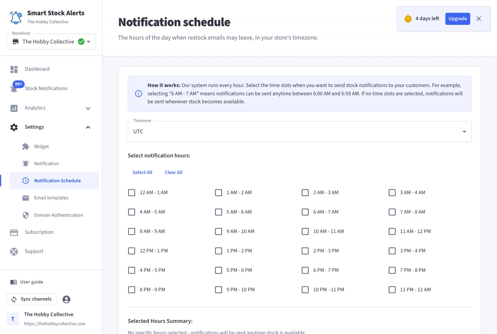 Notification schedule: timezone and a grid of hour slots to tick