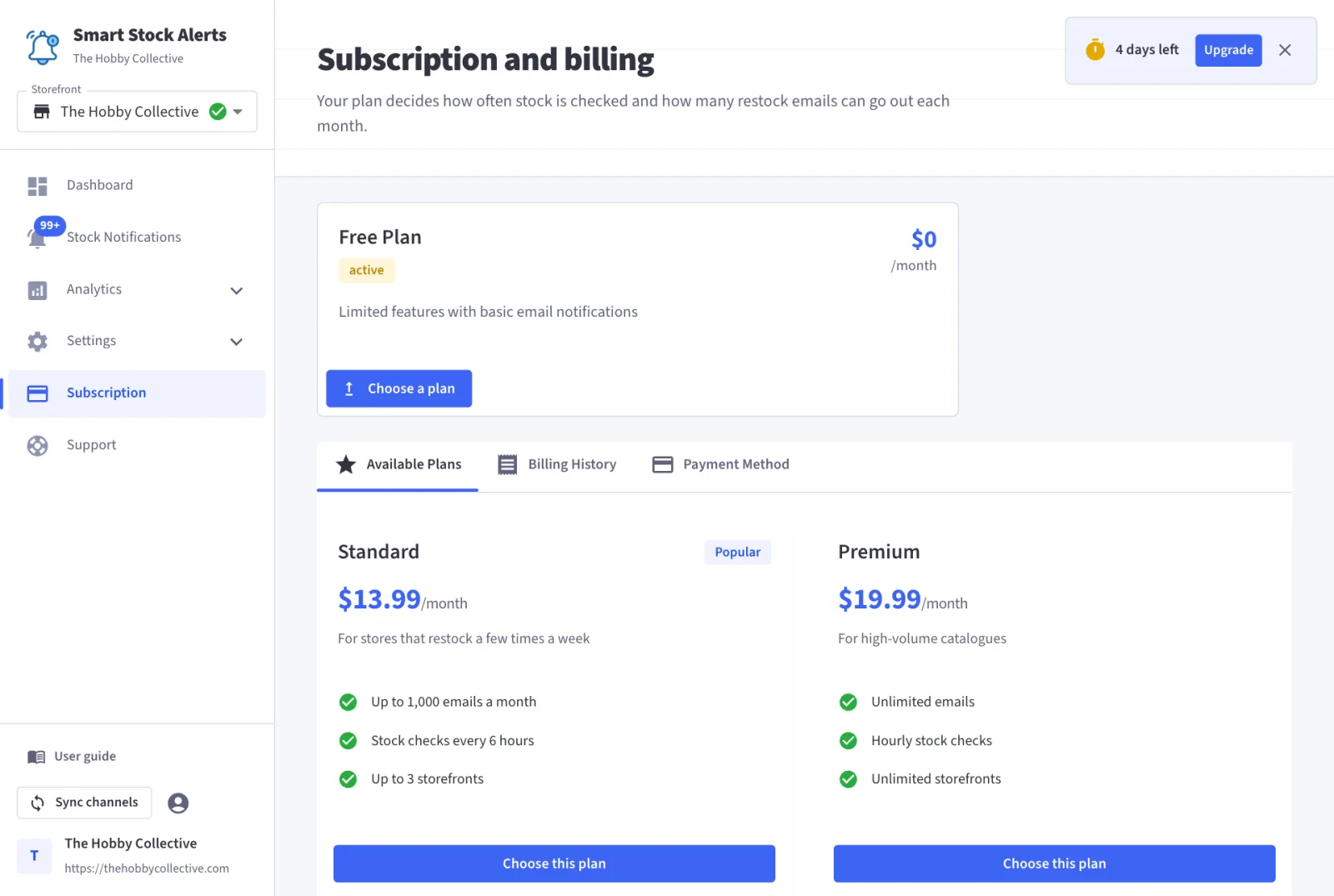 Subscription and billing: current plan and the available plans