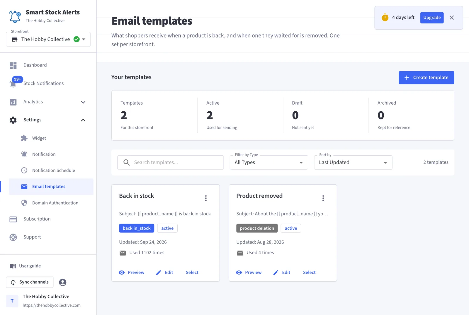 Email templates page with the Back in stock and Product removed templates