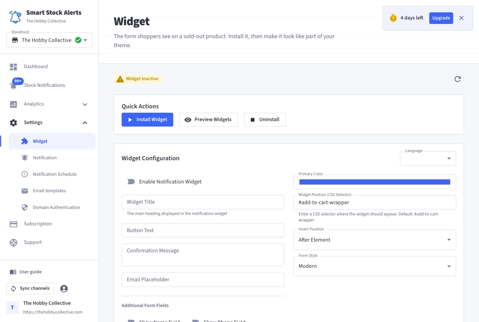 Widget page: installation state, Install and Preview buttons, then title, button text, colour, CSS selector and form style